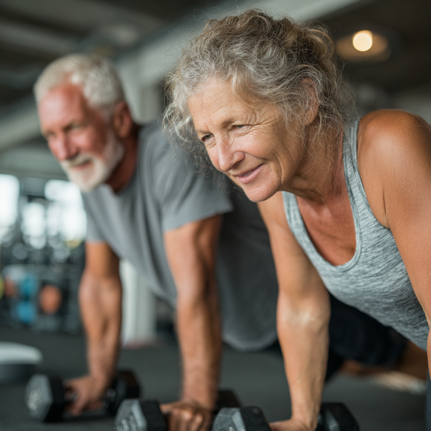 Seniori făcând exerciții de fitness în grup